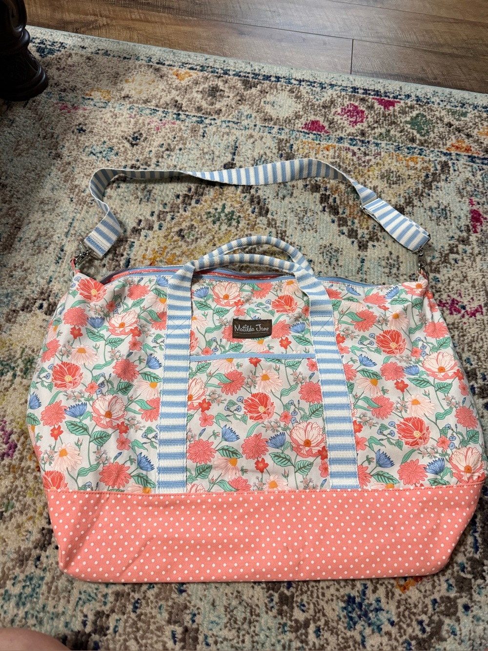 Matilda Jane Coral Floral XL Weekender Travel Tote with Blue-Striped Handles